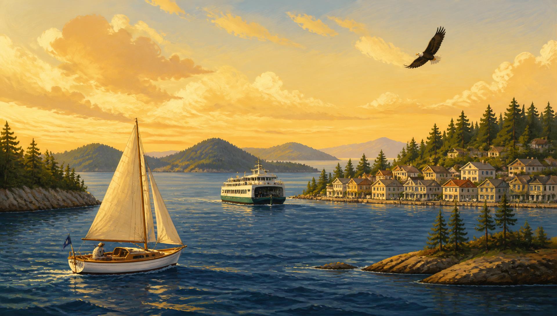 San Juan Islands ferry scene at golden hour